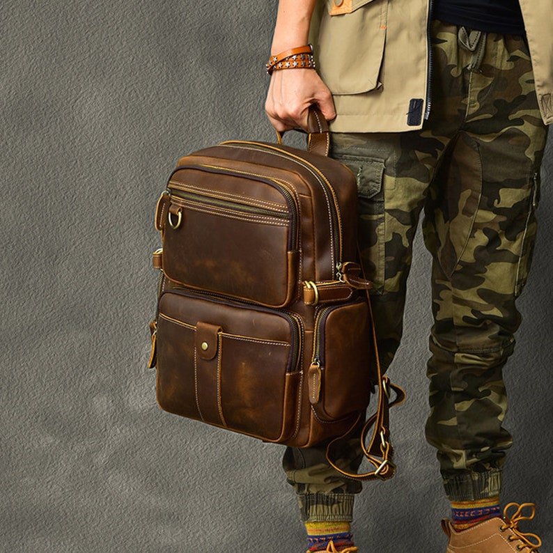 Mens Full Grain Leather 14 Inches Laptop Backpack