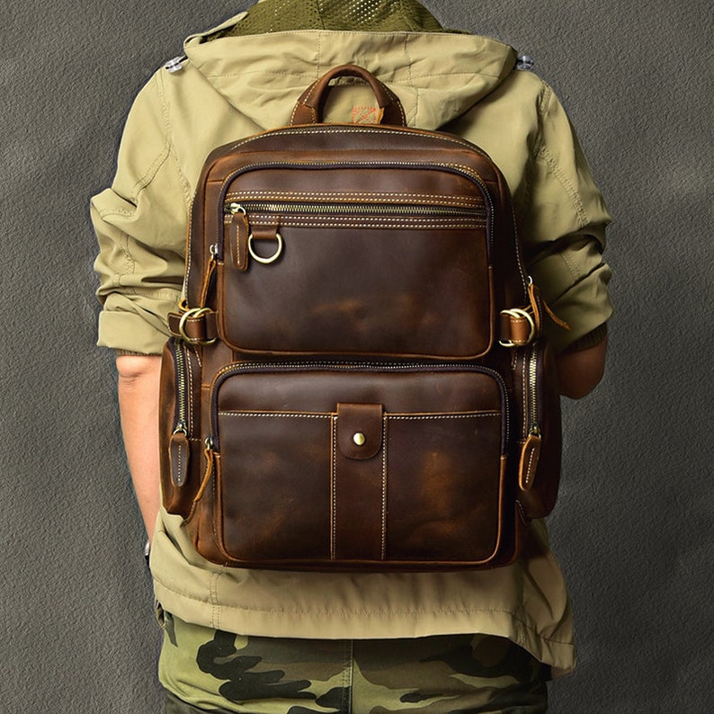 Mens Full Grain Leather 14 Inches Laptop Backpack