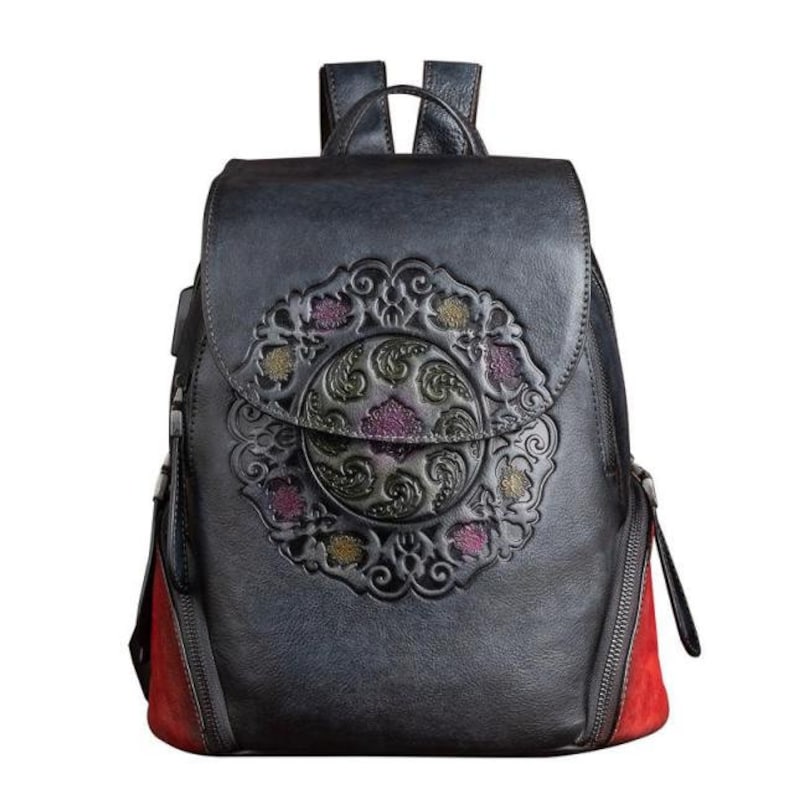 Vintage Embossed Women Leather Backpack