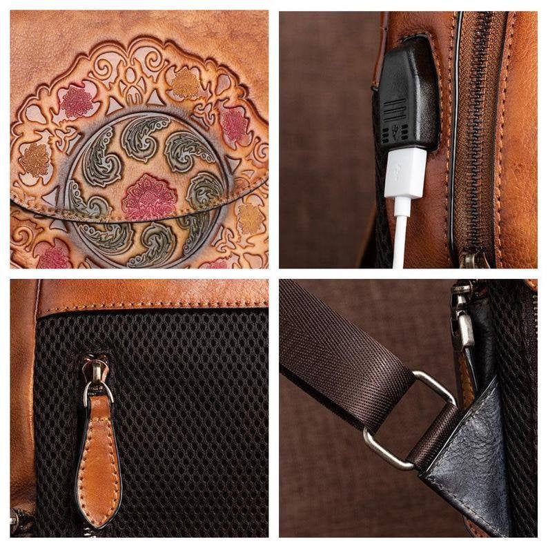 Vintage Embossed Women Leather Backpack