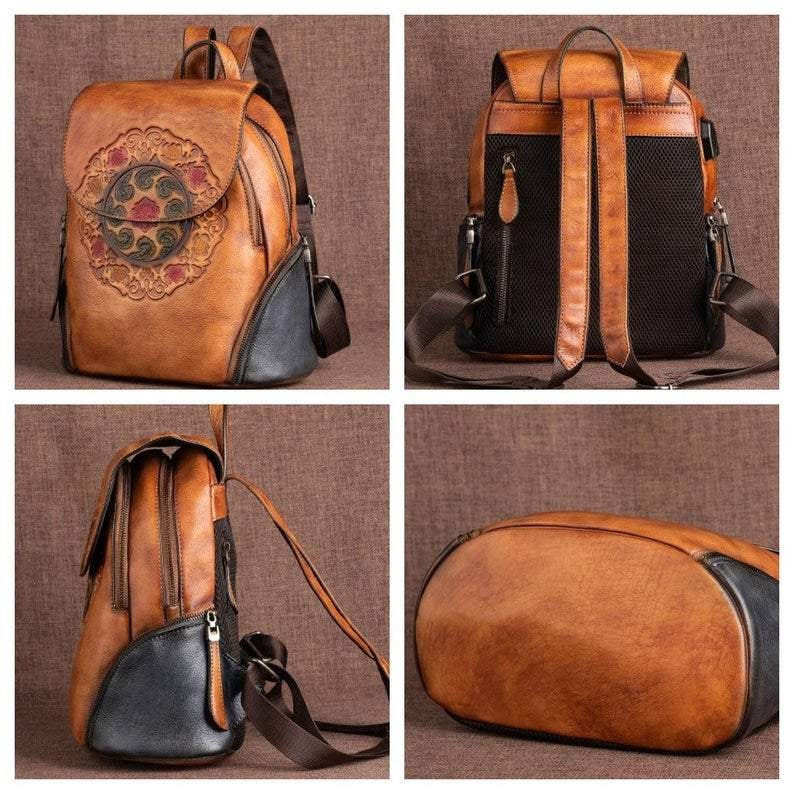 Vintage Embossed Women Leather Backpack