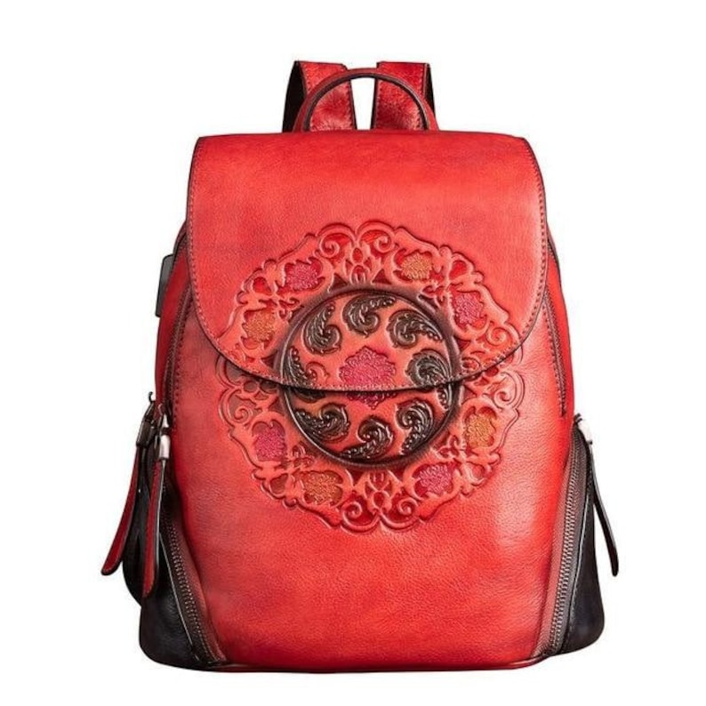Vintage Embossed Women Leather Backpack