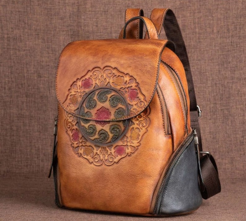 Vintage Embossed Women Leather Backpack