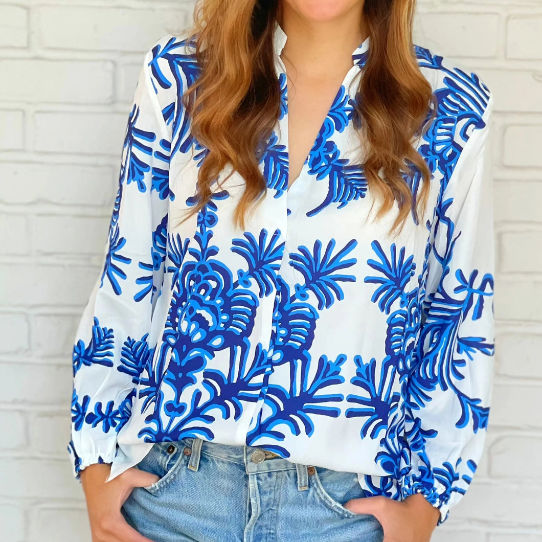 Blue Print Long Sleeve Blouse