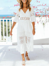 Load image into Gallery viewer, Chiffon v Neck Hollow Lace Beach Dress
