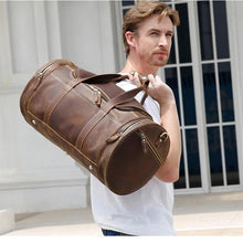 Load image into Gallery viewer, Round  Vintage Leather Duffle Bag Weekender
