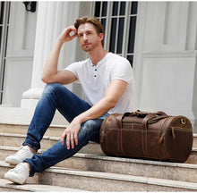 Load image into Gallery viewer, Round  Vintage Leather Duffle Bag Weekender
