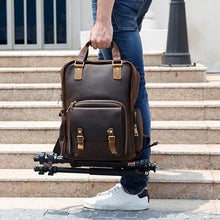 Load image into Gallery viewer, Simple Tripod Holder  Large Leather Backpack Camera Bag
