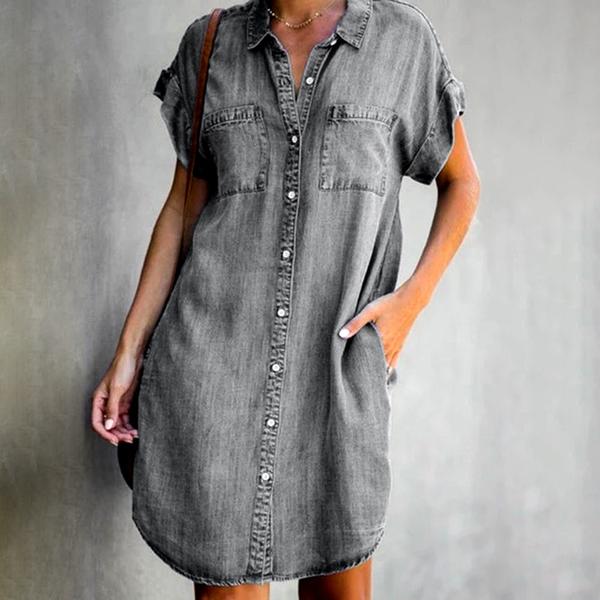 Grey Collar Buttons Pockets Denim Mini Dress