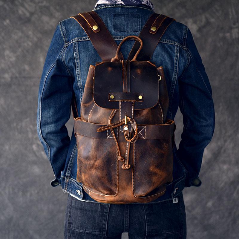 Vintage Leather School Travel Backpack Rucksack