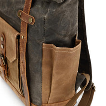 Load image into Gallery viewer, Features of your Vintage Roll Top Backpack
