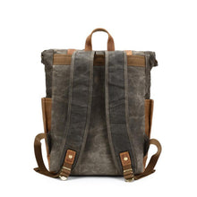 Load image into Gallery viewer, Features of your Vintage Roll Top Backpack
