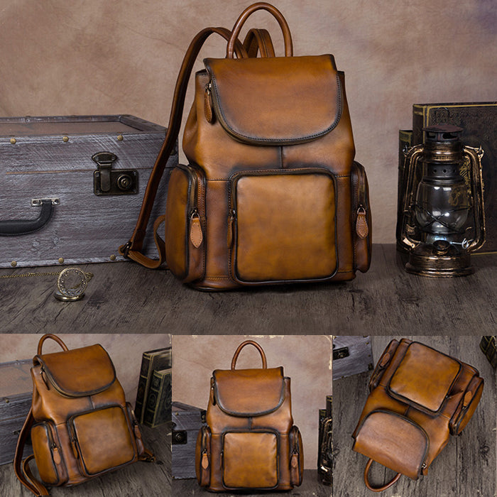 Vintage Womens Brown Leather Backpack Purse Designer Laptop Book Bag for Women