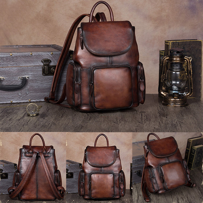Vintage Womens Brown Leather Backpack Purse Designer Laptop Book Bag for Women
