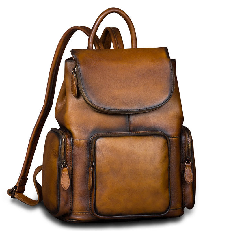 Vintage Womens Brown Leather Backpack Purse Designer Laptop Book Bag for Women